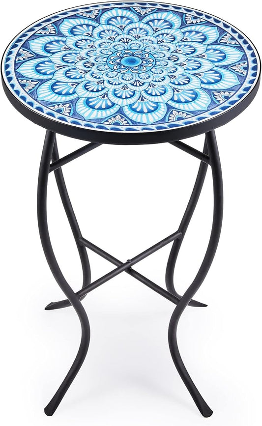VONLUCE Mosaic Side Table and Plant Stand, 21" Round End Table with 14" Ceramic Tile Top, Indoor & Outdoor Accent Table, Porch Patio Furniture, Entryway & Coffee Table for Home & Garden, Blue Mandala
