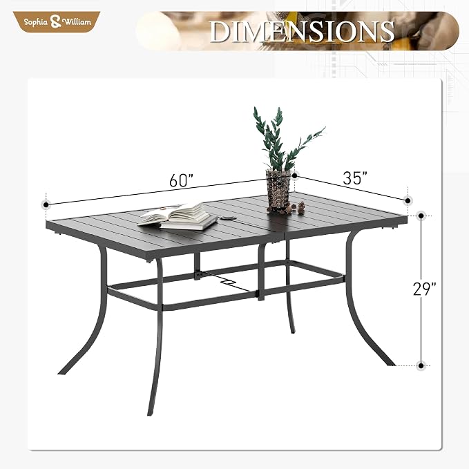 Sophia & William Outdoor Patio Table for 6 People, Rectangular Metal Patio Outdoor Dining Table, Black Steel Slatted Weather-Resistant Table with 1.57" Adjustable Umbrella Hole, L59 * W36 * H28