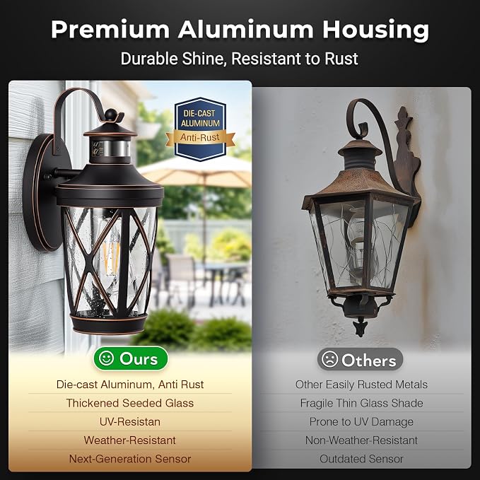 VIANIS Motion Sensor Outdoor Porch Lights, Modern Dusk to Dawn Exterior Wall Light Fixtures, Oil Rubbed Bronze Gold Trim Wall Lanterns for Garage, Waterproof Coach Lights with Adjustable Sense Range