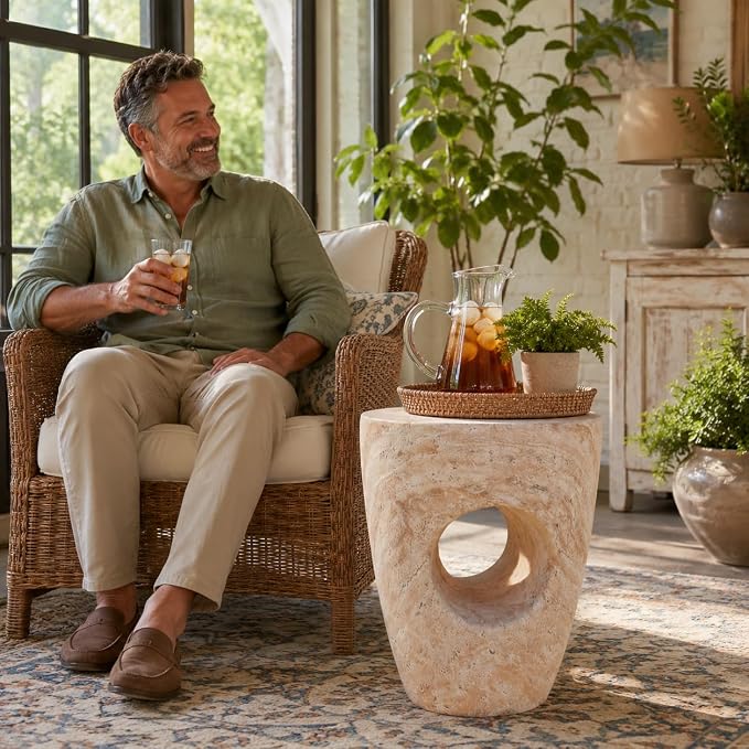 Outdoor Side Table, Modern Minimalist Coffee Table with Sculptural Hollow Design Accent Table for Indoor/Outdoor (Beige,Natural-22)