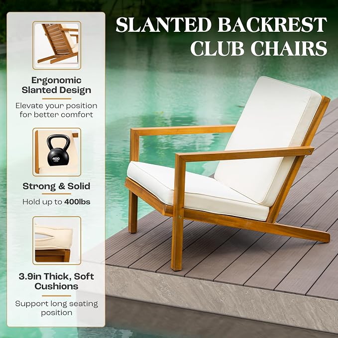 IDZO Natural 3-Piece Patio Bistro Sets with Foldable 400lbs Weight Chairs, a 220lbs Shelf Table, Made from FSC-Certified Acacia Wood, Featuring Washable Cushions and an Ergonomic Design