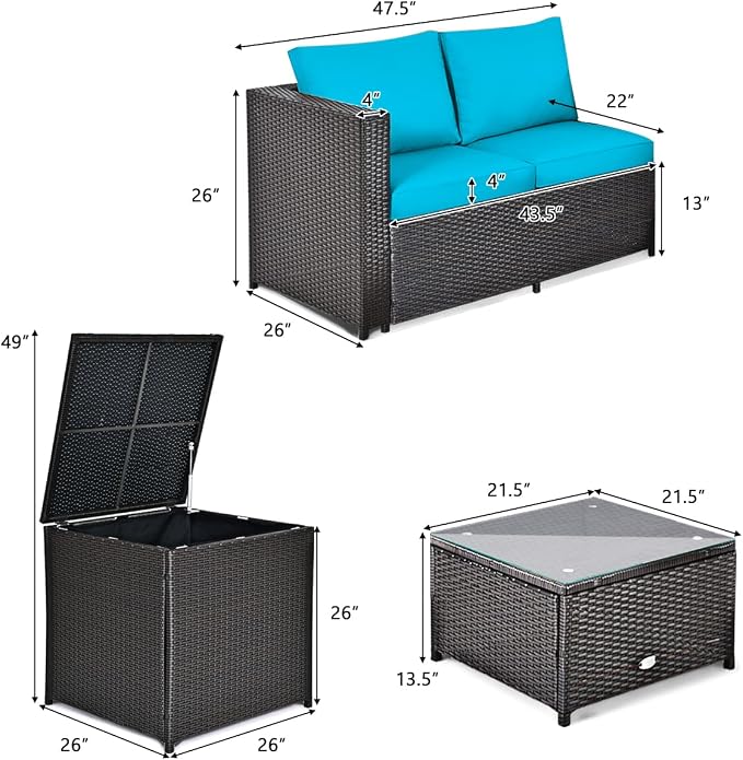 HAPPYGRILL 4-Piece Rattan Wicker Conversation Set Outdoor Patio Furniture Sofa Set with Storage Box & Tempered Glass Coffee Table for Backyard Garden Porch