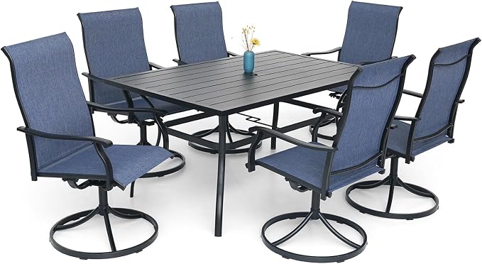 Anmutig 7-Piece Outdoor Dining Set, 6 Swivel Patio Chairs & 60'' Rectangular Dining Table with All Weather Frame Furniture Set - Navy Style1