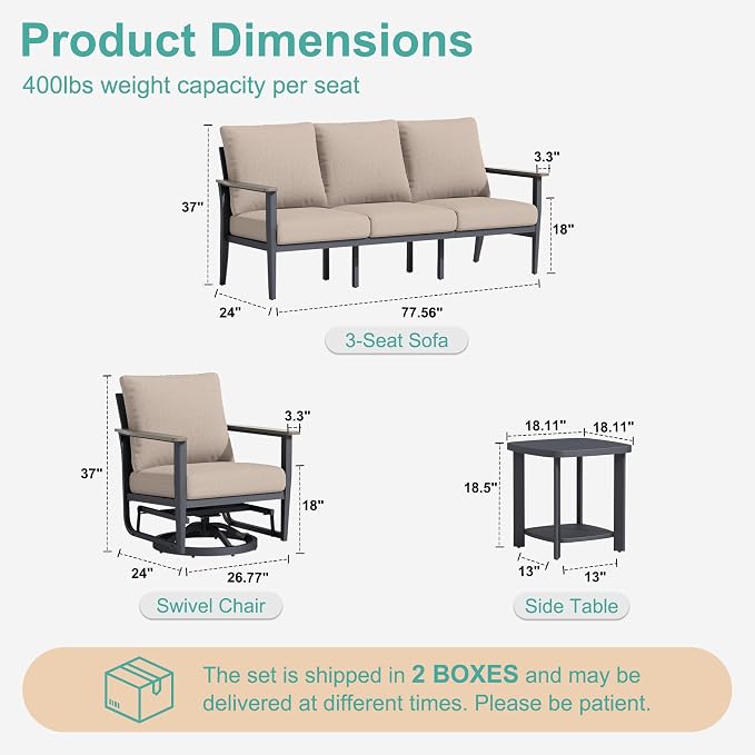 Aluminum Outdoor Patio Furniture Set 5-Seat, Patio Conversation Set Sectional Furniture Set with Swivel Rocking Chairs High Backrest & Thickened Cushions for Garden, Backyard, Poolside, Sand