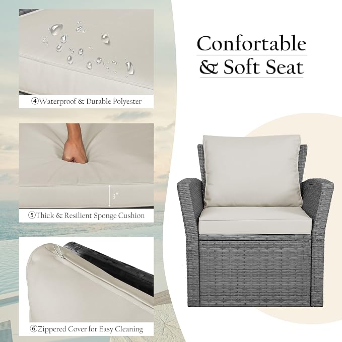 RELAX4LIFE 4 PCS Wicker Patio Furniture Set with Soft Cushions & Tempered Glass Table Outdoor Rattan Sofa Set for Backyard Garden Balcony Poolside Sectional Conversation Couch Set (Beige)
