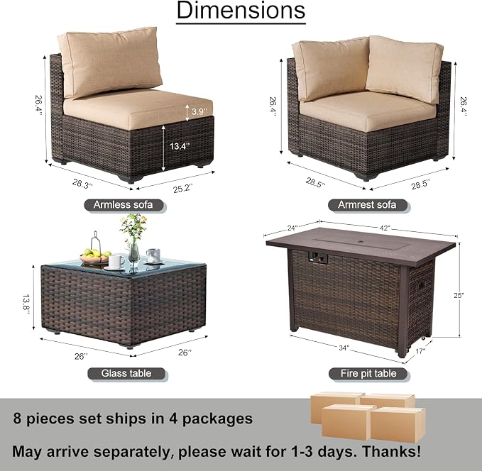 Patio Furniture Set, 8 PCS Outdoor Sectional Patio Furniture Set with 42" Fire Pit Table, Rattan Wicker Sofa Couch for Garden Backyard Deck Poolside, Beige