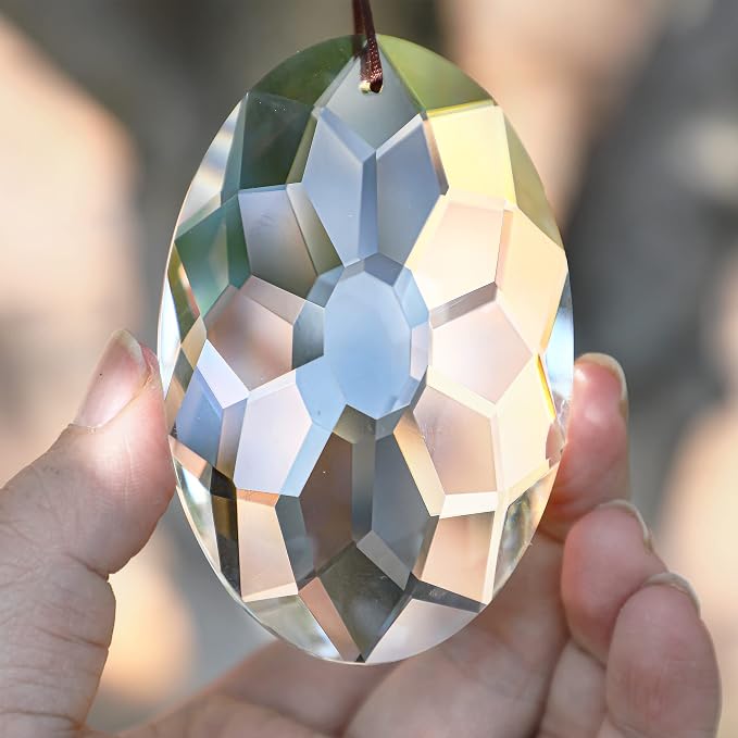 YU FENG 3.5 Inch Oval Crystal Prism Suncatcher, Clear Rainbow Maker | Clear Faceted Crystal Design, Window Hanging Pendant, Sun Catcher Ornament, Natural Light Reflection, Indoor Outdoor Decor