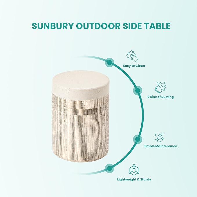 SUNBURY Outdoor Side Table, 17" H Concrete End Tables w Vertical Thread, Ceramic Accent Table for Patio, Round Modern Garden Stool for Patio, Backyard, Light Yellowish