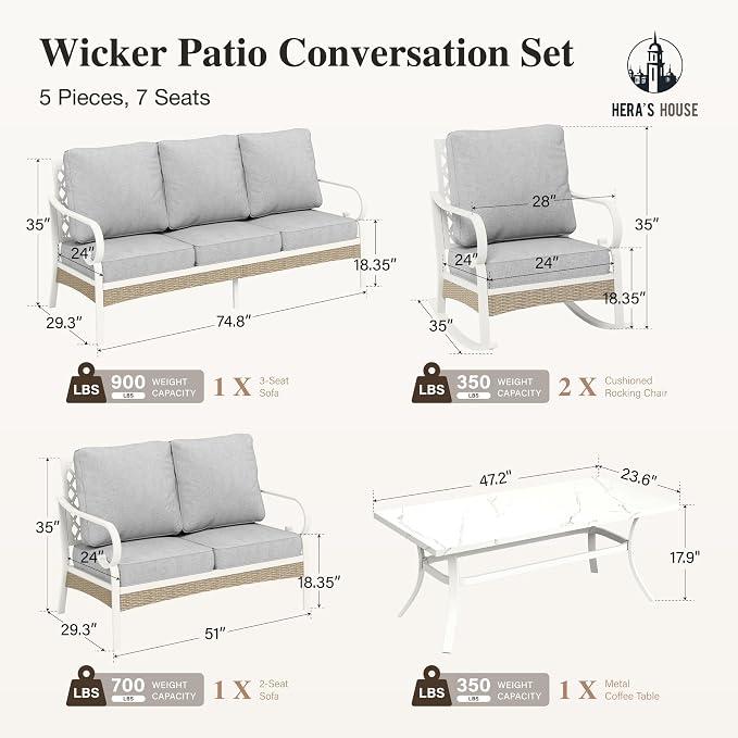 HERA'S HOUSE 5 Piece Metal Patio Furniture Set, 7 Seats All Weather Outdoor Conversation Set, 3 Seat Sofa with Loveseat, 2 Rocking Chairs, Coffee Table for Backyard, Garden, Deck, White/Grey