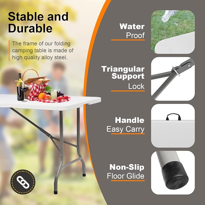6 Feet Foldable Table with Steel Legs,6FT Heavy Duty Folding Portable Table Perfect for Party, Dining, Wedding, Events, Picnic Indoor, Outdoor, Camping, Utility