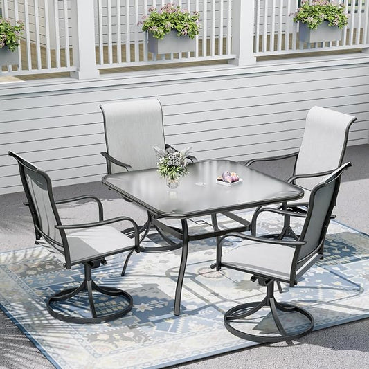 Outdoor Patio Set, 37" Square Glass Dinging Table and 4pcs Swivel Chairs, All-Weather Patio Furniture Set with 1.7" Umbrella Hole for Garden Backyard Lawn Poolside