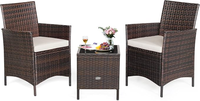 COSTWAY 3 Pieces Patio Rattan Furniture Set, Outdoor Wicker Cushioned Sofa with Tempered Glass Tabletop, Rattan Conversation Set for Porch Yard Balcony Backyard Pool, White