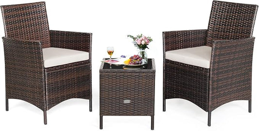 COSTWAY 3 Pieces Patio Rattan Furniture Set, Outdoor Wicker Cushioned Sofa with Tempered Glass Tabletop, Rattan Conversation Set for Porch Yard Balcony Backyard Pool, White