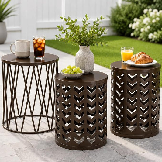 Y&M Outdoor Side Tables Set of 3, Nesting Patio Side End Tables for Outside, Round Heavy Duty Metal Stacking Accent Tables for Patio Balcony Garden Indoor, Brown
