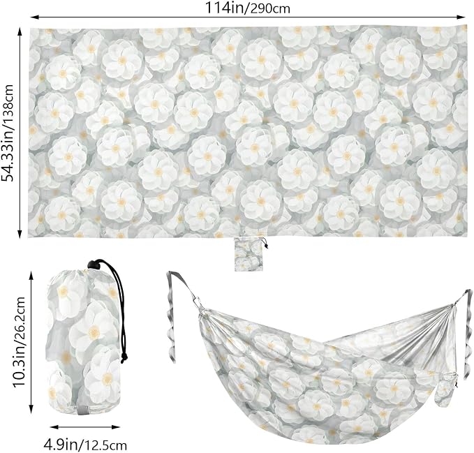Camping Hammock Outdoor Hammocks for Outside White Camellia Flowers Beach Trees Portable Lightweight with Pockets Tree Straps Indoor