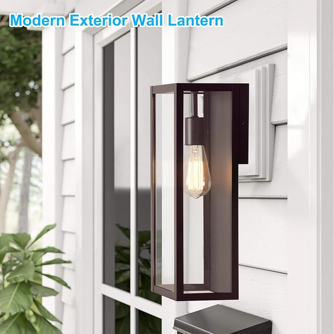 2-Pack Outdoor Wall Lanterns, 16” Exterior Waterproof Outdoor Light, Brown | Porch Lights Wall Mounted with Glass Shades, Anti-Rust E26 Modern Lighting Fixtures for Patio Garage Entryway Front Door