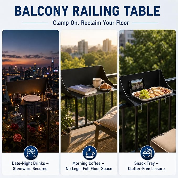 Balcony Railing Table, Clamp-On for Flat & Square Rails, Wine Glass Slots | Heavy-Duty Alloy Steel Carbon Coating, Balcony Deck Outdoor Patio, Drain Holes, Easy Installation, 17"Lx7.8"W