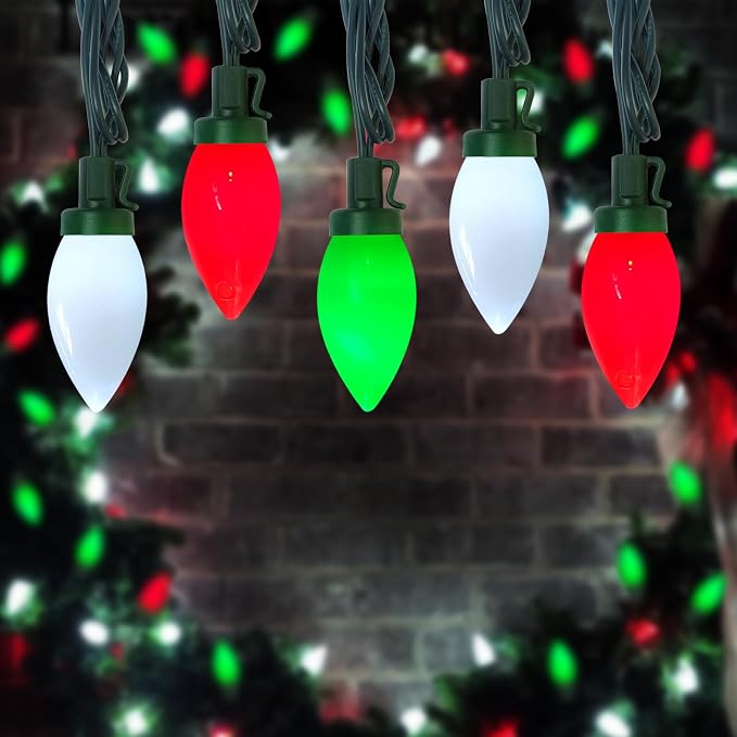 C9 LED Red White and Green Chistmas Lights, 25Ft Vintage Christmas Light 25 LED Red White Green String Lights Xmas Tree Light for Holiday Path Roofline Patio Party Wedding Xmas Decoration