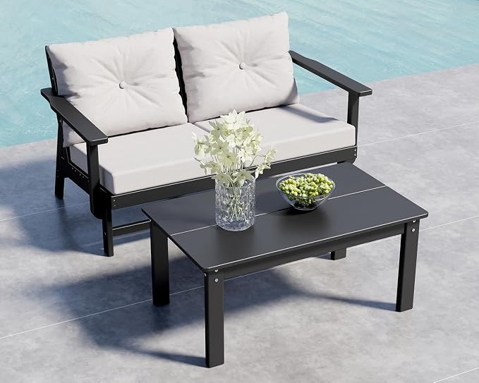 GREENVINES 3-Piece-Patio-Furniture-Set | HDPE Plastic | Outdoor Sectional Conversation Sets | All-Weather Couch | Sofa with Coffee Table | Detachable Armrests | for Deck Lawn | Black