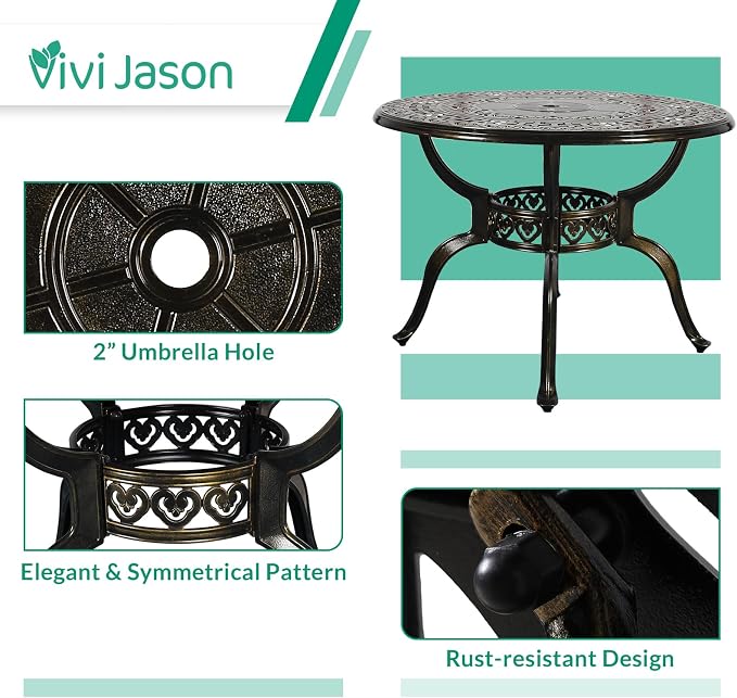 VIVIJASON 5-Piece Patio Furniture Dining Set, All-Weather Cast Aluminum Outdoor Conversation Set, Include 4 Cushioned Chairs and 1 Round Table w/Umbrella Hole for Balcony, Backyard, Navy Blue Cushion