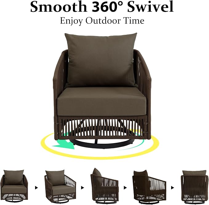 Outdoor Patio Furniture Set, 3 Pieces Outdoor Swivel Chairs with Coffee Table and Thick Cushion, Pe Wicker Rope Furniture Set for Entertaining, Balcony, Garden, Poolside, Coffee