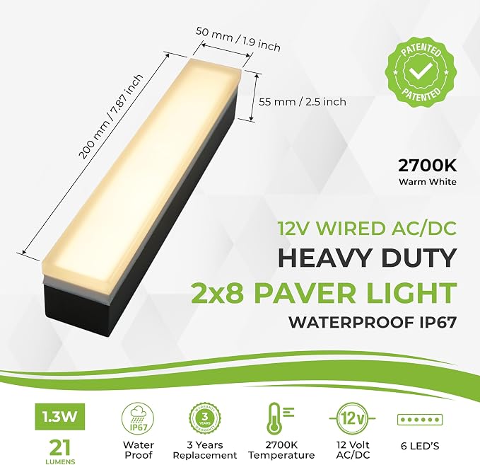 LUMENGY Paver Light 2x8 Inch (1.97x7.87), 2700K Warm White, Glare-Free Brick Lighting for Driveways, Walkways, Pool Decks and Patios, 12V Hardwired, IP67 Waterproof, Drive-Over Rated