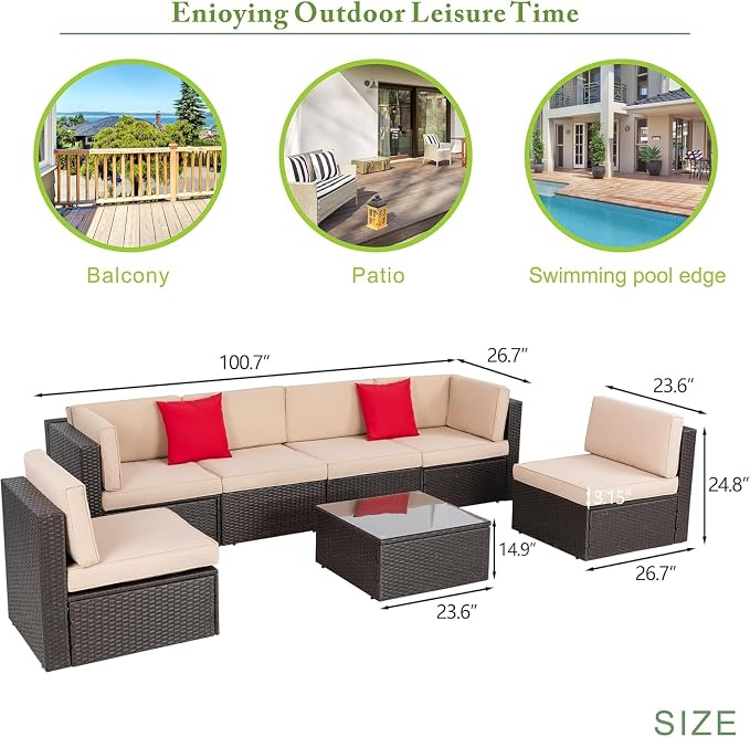 7 Piece Outdoor Patio Furniture Set with Cushions and Glass Table, PE Rattan Wicker Manual Weaving Sectional Sofa Conversation Set for Garden, Deck, Backyard, Balcony, Outdoor Lounge Area