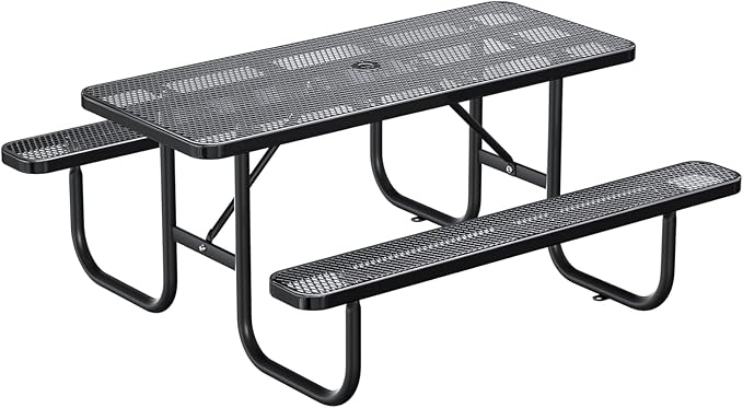 6FT/72IN Heavy Duty Outdoor Picnic Table and 2 Benches for 4-8 People, Weather Resistant Rectangular Steel Picnic Table Set with Umbrella Hole for Yard Patio Lawn Party Black
