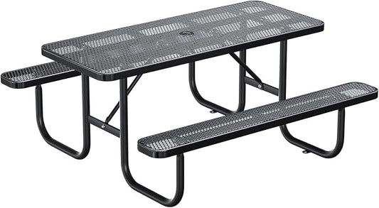 Ceridwen Heavy Duty Picnic Table with 2 Benches, Expanded Metal Steel Mesh Outdoor Patio Dining Table Bench Set with Umbrella Hole,Outdoor Patio Dining Table for Garden (Rectangular, Black, 6FT)