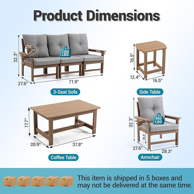 Modular Outdoor Patio Furniture Set, 7-Piece HDPE Sectional Sofa with Coffee Table & Thick Cushions - All-Weather Patio Conversation Set for Backyard, Deck, Poolside, Brown