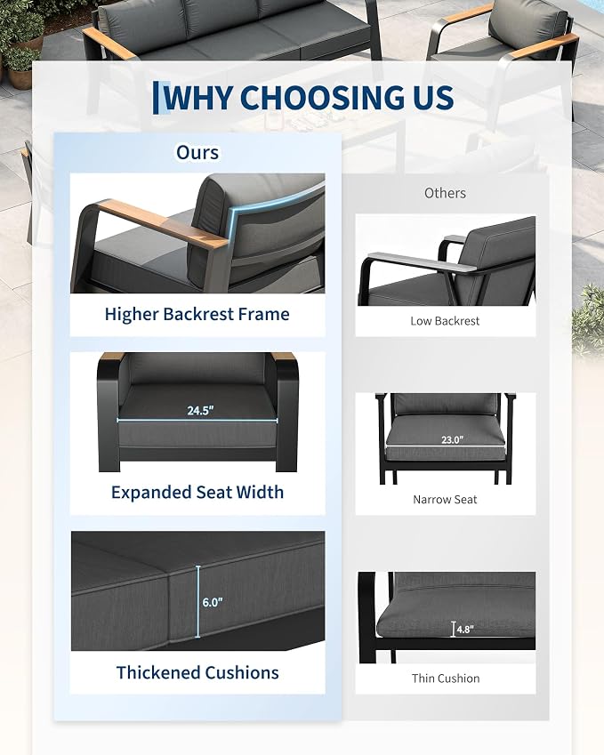 Garvee Aluminum Outdoor Patio Furniture Set with Coffee Table 7 Seats Patio Conversation Set Washable Thick Cushions All-Weather Metal Outdoor Furniture Sets for Poolside Balcony Deck, Gray