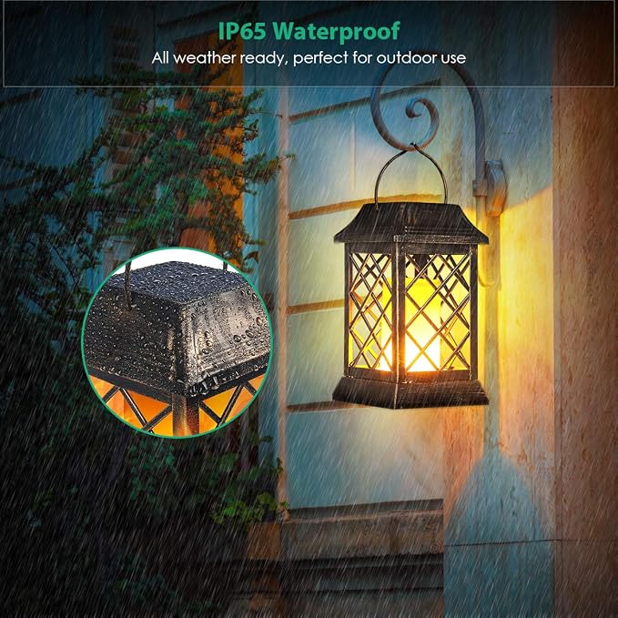TomCare Flickering Flame Solar Lights Outdoor Metal Hanging Lantern, 2 Pack | Realistic Flame Effect, Charges in 6-8 Hours, 10-12-Hour Runtime, IP65 Waterproof, Auto On/Off for Patio, Garden and Porch
