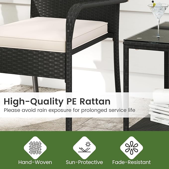 Tangkula 3 Pieces Patio Furniture Set, PE Rattan Outdoor Cushioned Conversation Chairs with 2-Tier Tempered Glass Tabletop Table, for Balcony, Garden and Poolside (Off White)