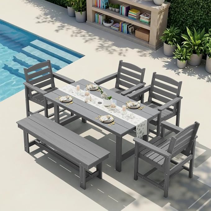 KINGYES 6-Piece Patio Dining Set, HDPE Outdoor Table and Chairs with Bench, Grey