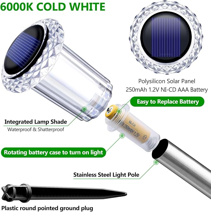 DenicMic Solar Lights Outdoor Waterproof 10 Pack Pathway Lights Cool White | Stake Lights for Yard Garden Driveway Walkway Outside Landscape Path Lights, Auto On/Off 6000K LED, Stainless Steel Pole
