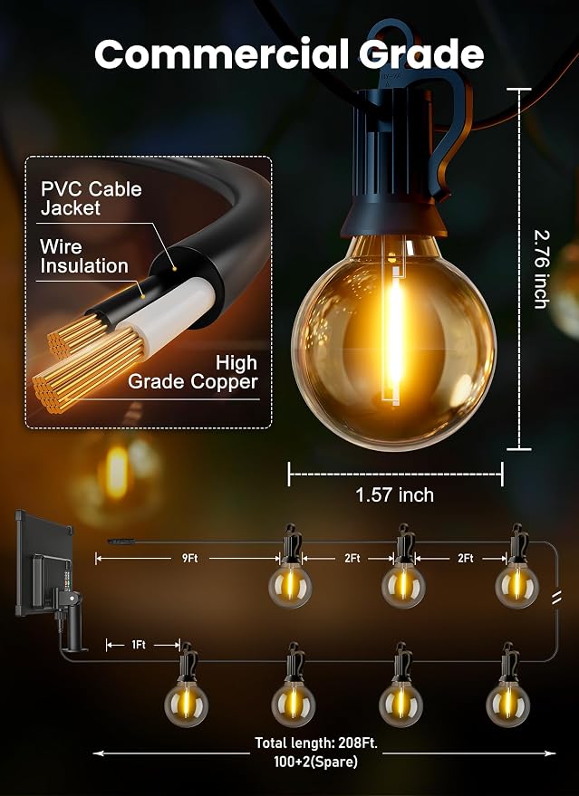 Brightown 208FT 102LED Solar String Lights Outdoor with Remote & USB Port | Shatterproof Bulbs, Dimmable & Timable, 3 Modes, Solar Patio Lights with a Mount Clip for Camping Backyard Garden Decor