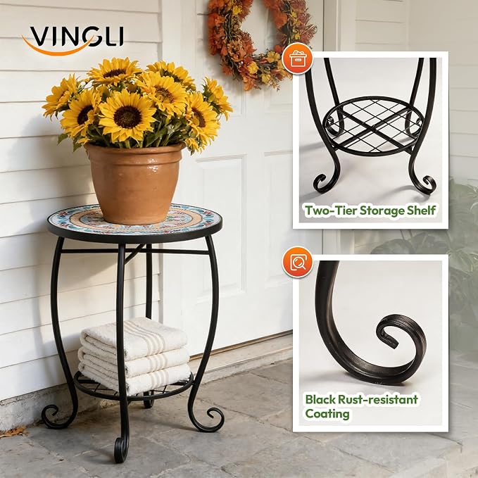 VINGLI Outdoor Side Table for Patio, Small Outdoor Table with Storage Shelf, Heavy Duty Metal Frame Patio Side Table for Outside Balcony Garden Porch (Celadon Flower Realm)