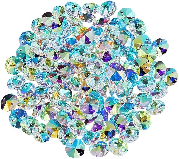 1 Box 120Pcs 14mm Crystal Glass Octagon Beads 2 Hole Prism Bead Bulk Colorful Chandelier Replacement Connector Suncatcher Faceted Spacer Bead for DIY Lamp Hanging Ornament Pendant Jewelry