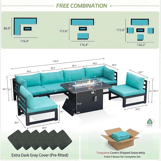 RADIATA 6 Person Large Modern Aluminum Outdoor Patio Furniture Set with Fireplace, 29" Wide Deep Seating, L Shaped Combo Sectional Couch, Water Resistant Conversation Set for Backyard Terrace, Teal