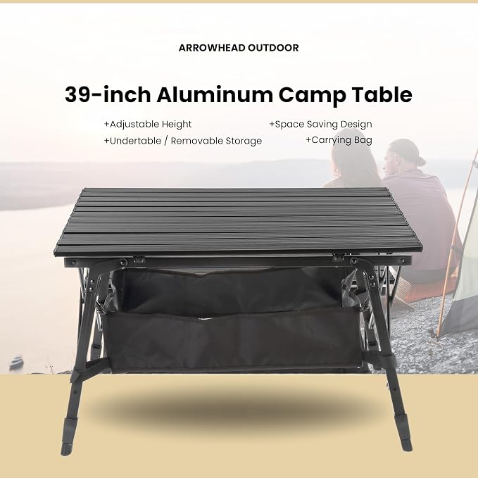 ARROWHEAD OUTDOOR 2-Pack 39" Aluminum Folding Camp Roll Up Table w/Adjustable Height, Undertable Mesh Storage, Carry Bag