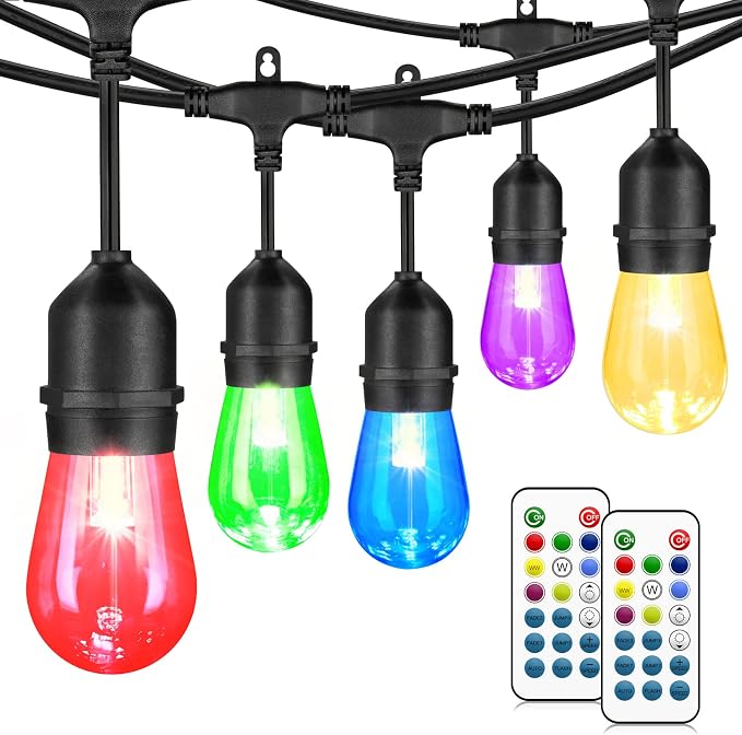 48FT Outdoor Patio RGB Cafe String Lights with Remote, Black | Plug in, 8 Lighting Modes, 15+2 S14 LED Edison Bulbs, Dimmable, Shatterproof, Waterproof, Linkable, for Christmas Party Yard