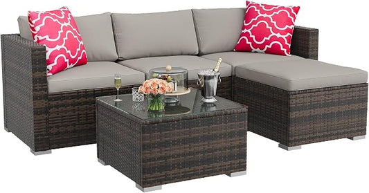 GarveeHome 5 Pieces Patio Sectional Furniture Set, All Weather Wicker Rattan Sectional Sofa, Patio Conversation Set with Cushions and Glass Coffee Table for Backyard Porch Garden Balcony, Grey