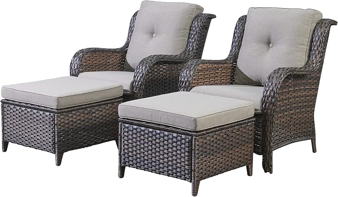 Rilyson Luxury 4 Pieces Patio Wicker Furniture Ottomans, Wicker Patio Chairs Set of 2 with Ottoman, Rattan Outdoor Porch Chair with Thick Cushion for Balcony Deck Yard and Porch (Brown/Grey)