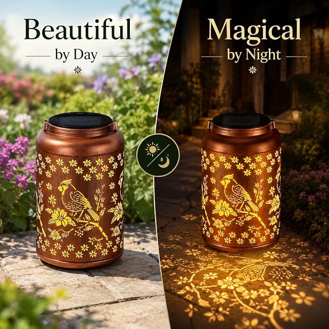 Solar Lanterns Outdoor Waterproof Garden Decor Gifts for Women Mom Grandma | Garden Lantern with Flower Shadow Projection, Decorative Solar Light for Patio Porch Yard Tree (Red Bird)
