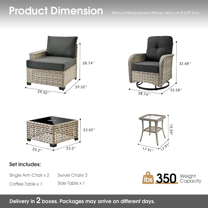 Rattan Patio Furniture Set with Swivel Chairs,6 Pieces Outdoor Sectional with Glowing Coffee Table,Out Door Furniture Conversation Set,Black