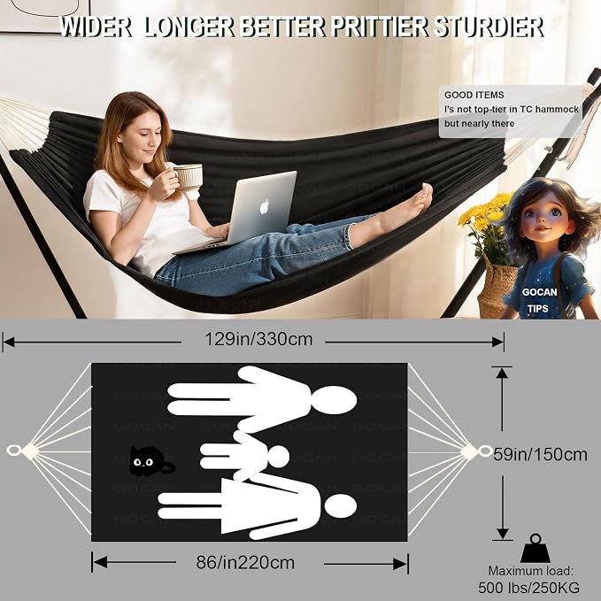 GOCAN Hammock Outdoor 2 People 220x150cm Total Length 330cm Load 300kg Canvas Cotton Hammock for Garden Indoor Children Balcony Dark Gray XXL