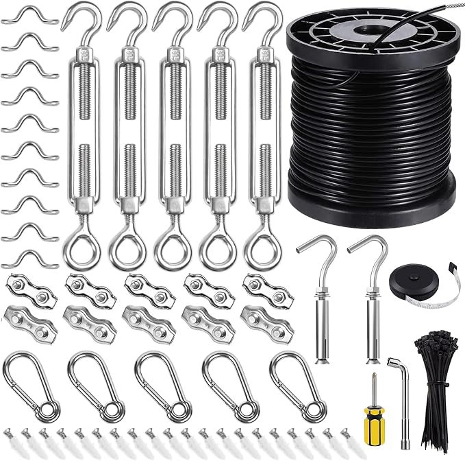 BLIKA String Light Hanging Kits, 250FT Coated Stainless Steel 304 Wire Rope | Outdoor Light Guide Wire, Globe String Light Suspension Kit Included Turnbuckles, Enough Accessories, Use Manual