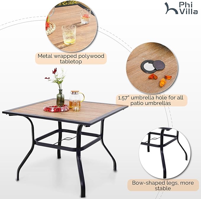 PHI VILLA 5pc Patio Dining Set with Umbrella, Square Table, Rattan Chairs | 37" Wood-like square dining table, cushioned wicker chairs, 10ft beige umbrella. Perfect for patio, deck, yard, porch.