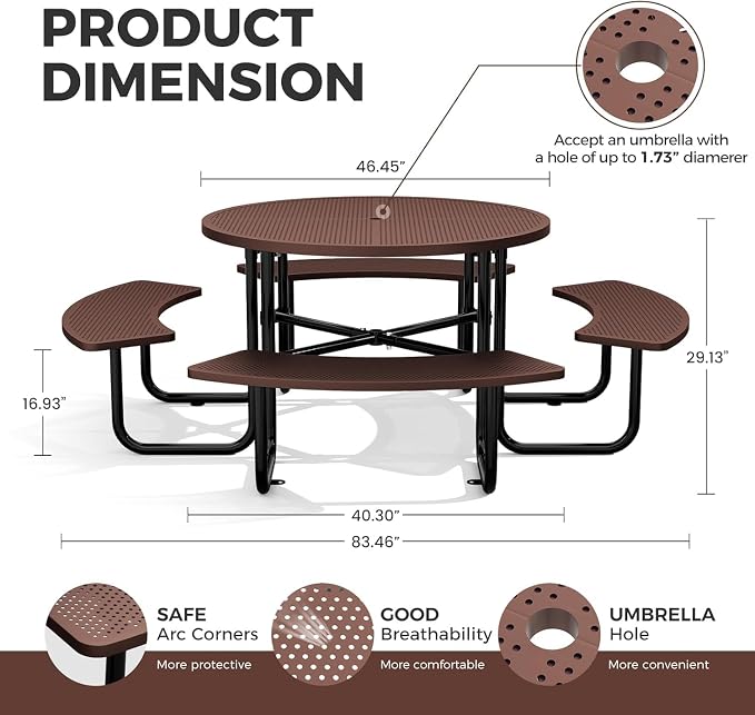 46" Coated Round Metal Picnic Table for 4-8 Person, Durable Heavy Duty Commercial Picnic Table with Umbrella Hole for Outdoor Coffee Shop, School, Easy to Install, Brown