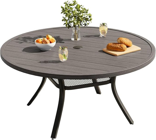 VICLLAX Round Patio Dining Table for 4-6, Outdoor Metal Dining Table with Umbrella Hole for Deck Lawn Garden Backyard, 47.2" Grey